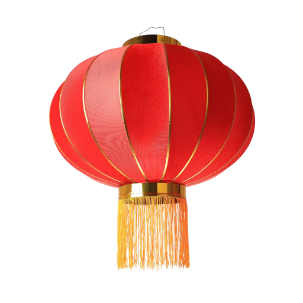 A vibrant red lantern with gold stripes and a tassel, symbolizing festivity and tradition, hanging against a white background.